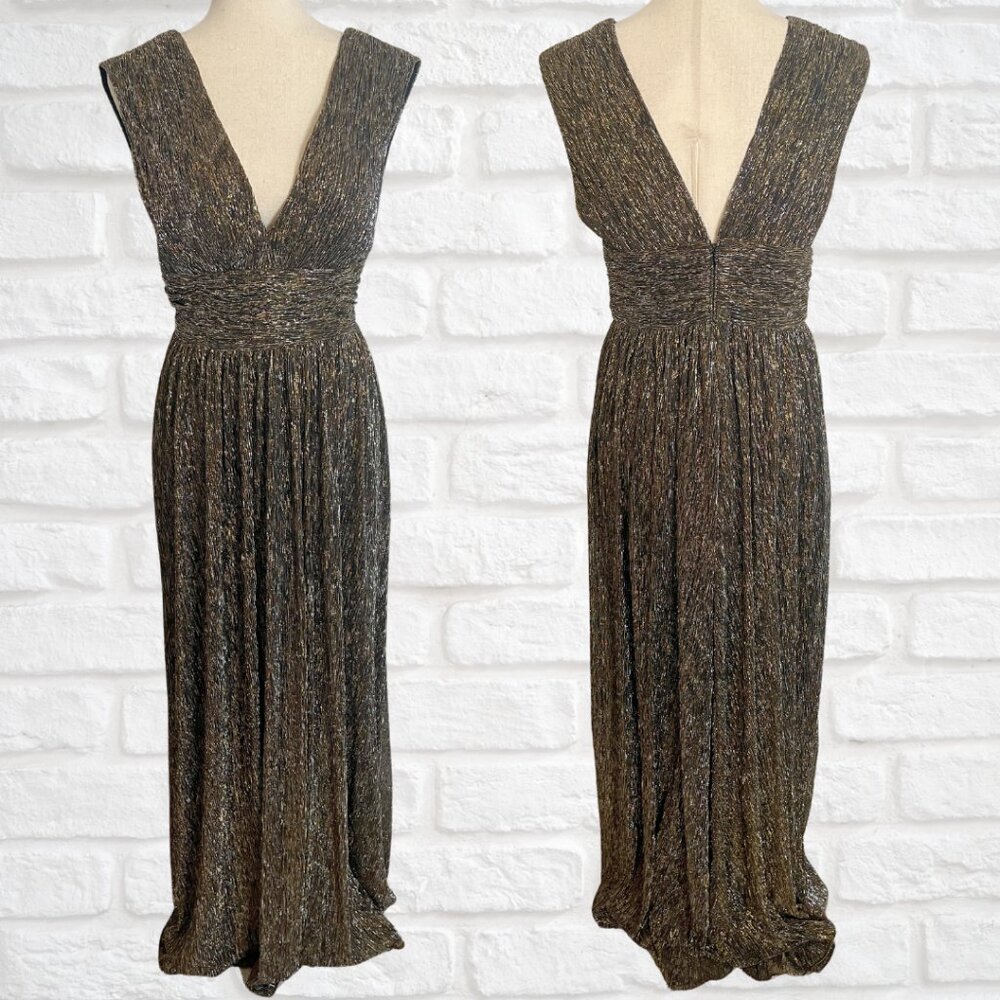 Aidan Mattox Sleeveless Deep V-Neck Low Back Maxi Formal Dress Black Metallic 12